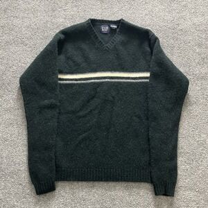 VTG GAP V-Neck Sweater Mens Small Green Striped 100% Lambs Wool Pullover Y2K
